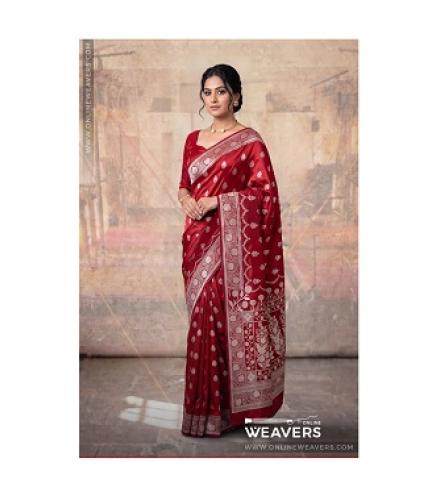 Crimson Red Banarasi Mashru Satin Silk Saree with Light Gold Zari