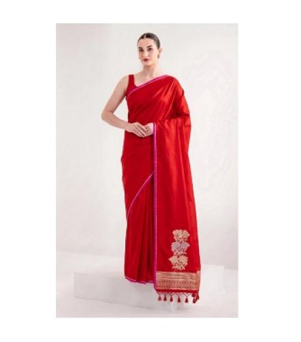 Red Plain Sona Roopa Satin Silk Handloom Banarasi Saree