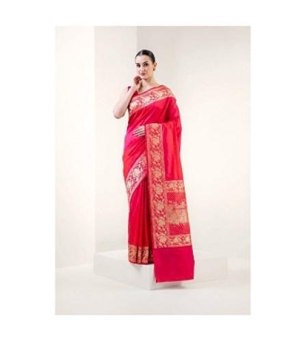 Pink Orange Shikargah Satin Silk Handloom Banarasi Saree