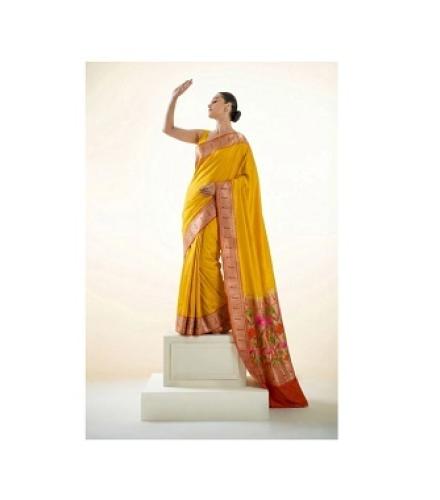 Yellow Plain Paithani Katan Silk Handloom Banarasi Saree