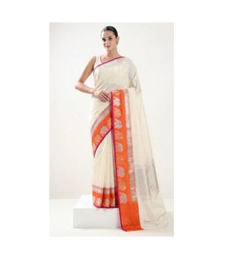Off White Satin Silk Handloom Banarasi Saree