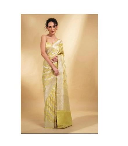 Lime Yellow Satin Sona Roopa Jaal Handloom Banarasi Saree