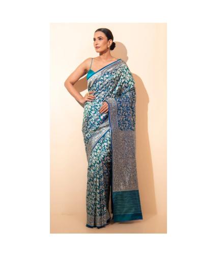 Green Royal Blue Shikargah Broacde Katan Silk Handloom Banarasi Saree