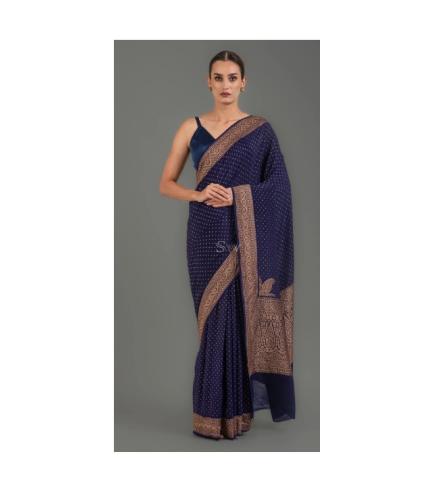 Navy Blue Booti Crepe Silk Handloom Banarasi Saree