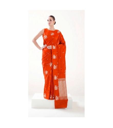 Dark Orange Booti Katan Silk Handloom Banarasi Saree