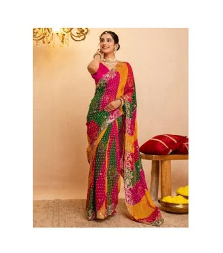 Samah Embroidered Bandhani Georgette Saree (Green, Pink, Yellow)