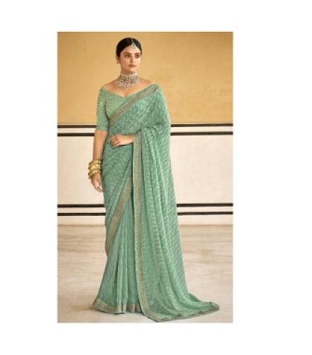 Samah Striped, Embroidered, Embellished Bollywood Chiffon, Georgette Saree (Green)