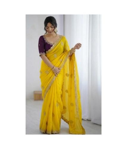 SimSim Trendz Embroidered, Solid/Plain Bollywood Satin Saree (Yellow)