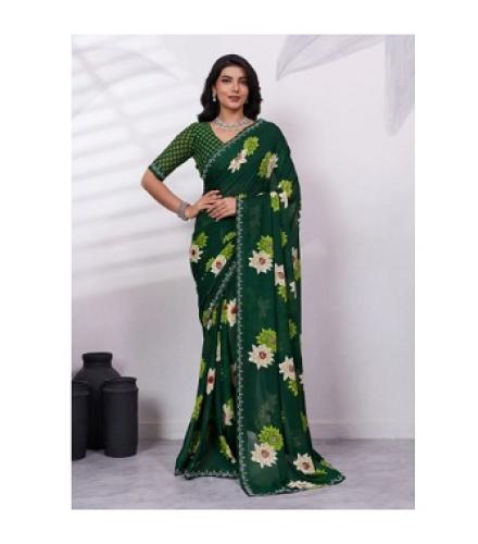 VIBHAGYAA Printed, Embellished, Embroidered Daily Wear Chiffon Saree (Green)