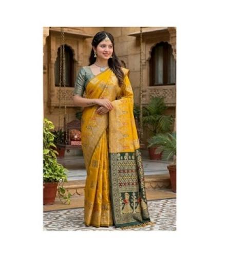 VUFM Printed Banarasi Chiffon Saree (Yellow)