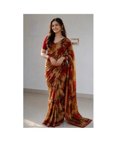 Drape Culture Floral Print, Printed Banarasi Tussar Silk Saree (Gold)