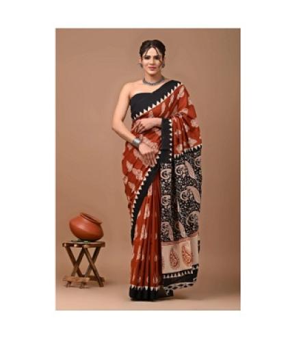OceanInfinity Printed Daily Wear Pure Cotton Saree (Brown)