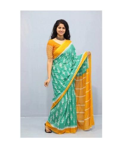 Geometric Print, Graphic Print, Printed Daily Wear Pure Cotton Saree (Light Green, Yellow)