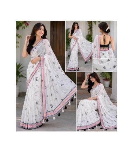 FASHIONMANTRA Printed Bollywood Cotton Linen Saree (White)