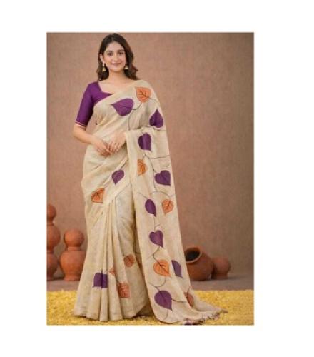 Floral Print Daily Wear Cotton Linen Saree (Cream)