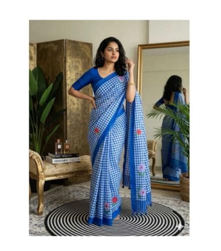 Floral Print Daily Wear Cotton Linen Saree (Blue)