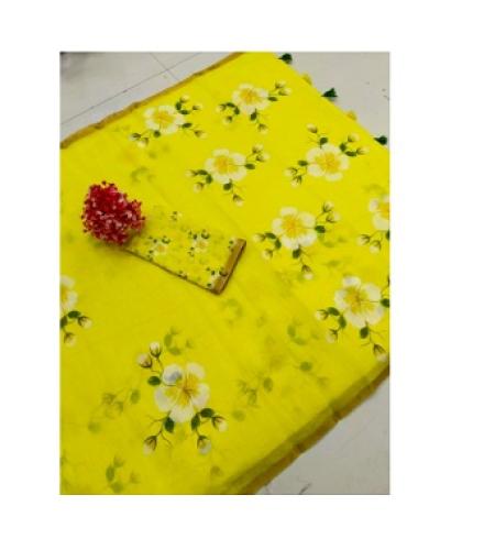 ONTIC LIFESTYLE Floral Print Handloom Pure Cotton Saree (Yellow)