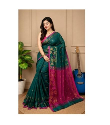 BLS TEXTILE Printed Handloom Cotton Silk Saree (Light Green)