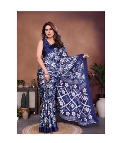  Floral Print Bollywood Chiffon, Organza Saree (Blue, Dark Blue)