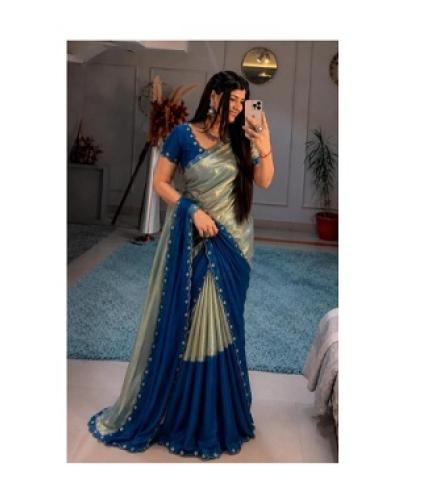 sadala culture Embellished, Color Block Bollywood Tissue, Satin Saree (Blue)