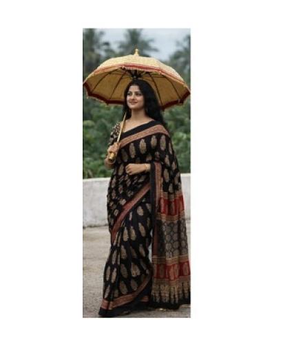 Shiv Clothing Printed Handloom Pure Cotton Saree (Black)