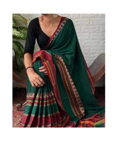 HouseOfCommon Striped, Geometric Print, Woven Berhampuri Pure Cotton Saree (Dark Green)