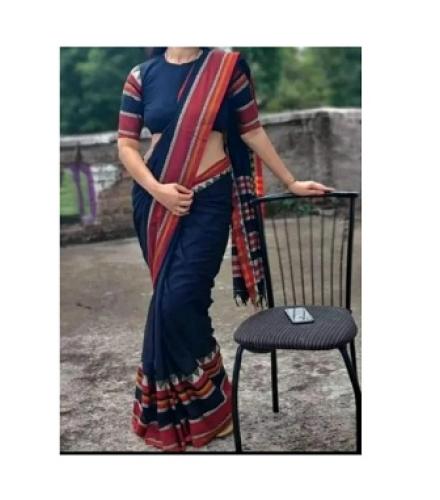ROONG DHAGAA Woven Handloom Cotton Blend Saree (Dark Blue)