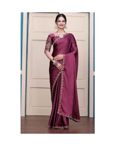 GKTTEX Embroidered, Self Design, Embellished Bollywood Satin Saree (Maroon)