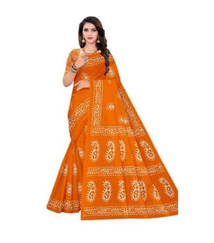 Sarkar Sarees Printed Daily Wear Pure Cotton Saree (Orange)