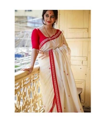 Balorampal Printed Handloom Pure Cotton Saree (Red, White)