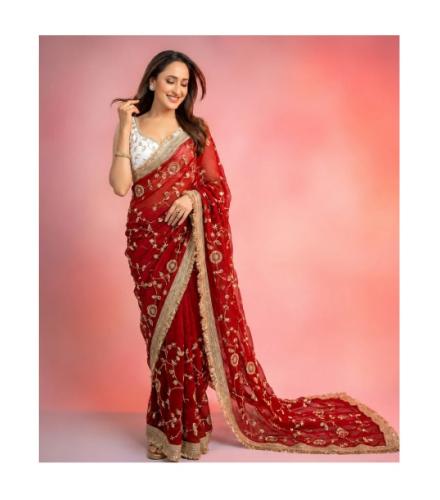 kumawat creation Embroidered Bollywood Chiffon Saree (Red)