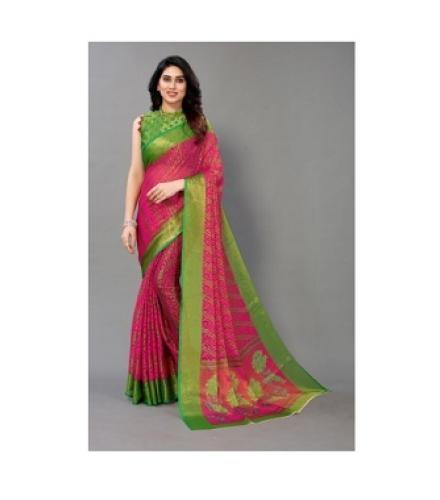 Winza Designer Printed, Striped Daily Wear Chiffon, Brasso Saree (Green, Pink)