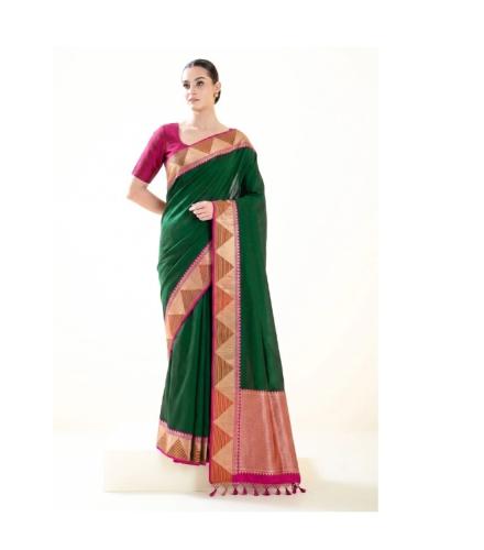 Bottle Green Plain Tussar Silk Handloom Banarasi Saree