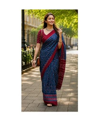 BANDHNI SAREE Printed Ikkat Pure Cotton Saree (Blue)