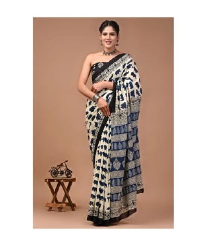COTTON MULMUL STORE Blocked Printed, Printed Daily Wear Pure Cotton Saree (Blue, Beige)