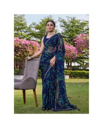 Samah Printed Daily Wear Georgette, Chiffon Saree (Blue)