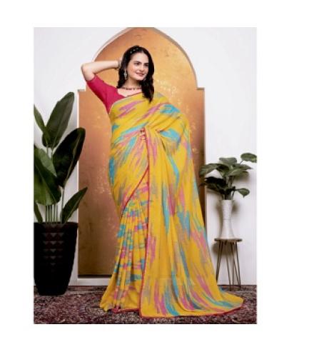 Kanooda Prints Printed, Geometric Print Daily Wear Georgette Saree (Yellow)