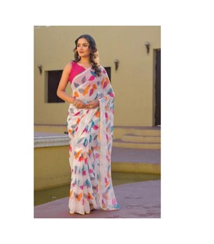 Samah Floral Print Daily Wear Chiffon Saree (White, Pink)