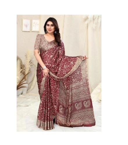 MIRCHI FASHION Printed, Floral Print Kalamkari Chiffon, Georgette Saree (Maroon, Beige)