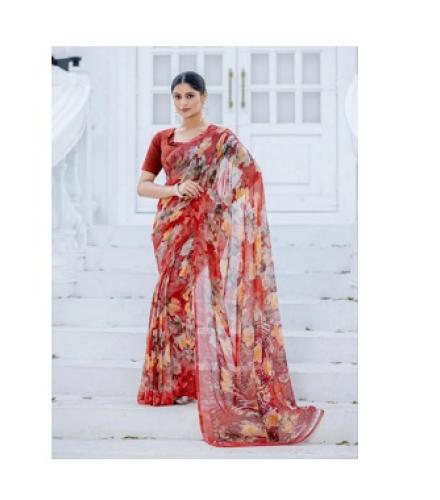 Leelavati Printed Daily Wear Chiffon Saree (Red, Multicolor)