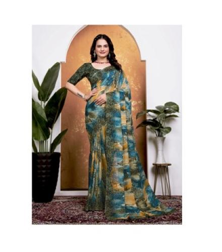 ARK Sarees Printed Bollywood Chiffon Saree (Blue, Green)