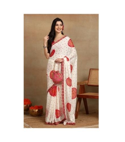 MIRCHI FASHION Printed Bandhani Chiffon, Georgette Saree (White, Red)