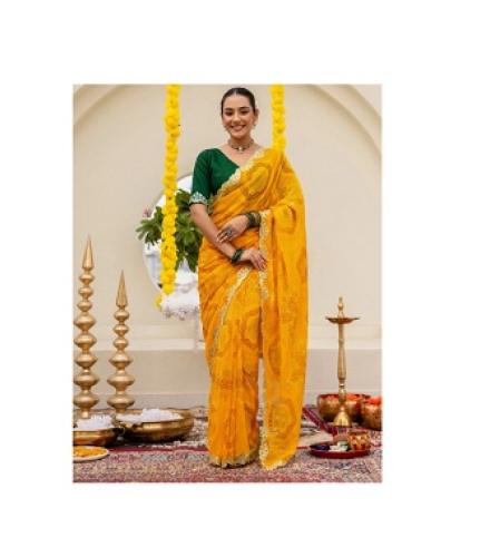 Tasrika Embroidered Bandhani Chiffon Saree (Yellow)