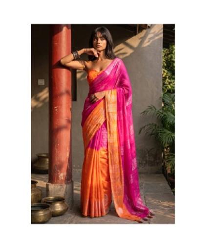Satrani Printed Bollywood Chiffon Saree (Pink)