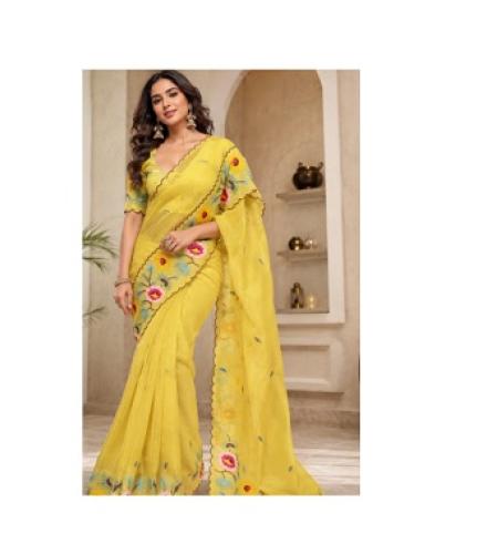 kiyvani Embroidered Bollywood Chiffon Saree (Yellow)