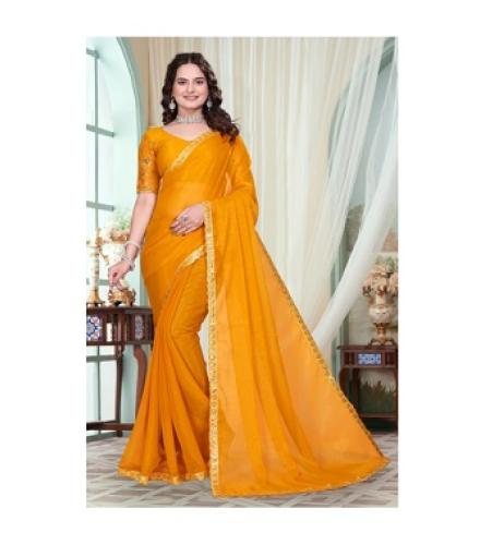 BEVENDEE Embroidered Bollywood Chiffon Saree (Yellow)