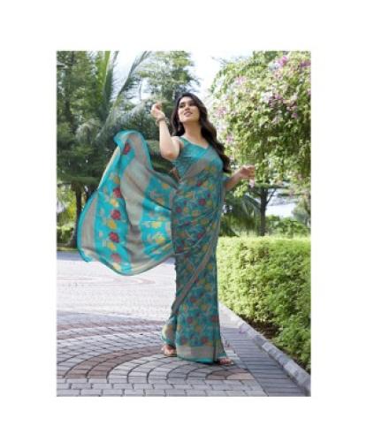 MIRCHI FASHION Printed, Floral Print Daily Wear Chiffon, Georgette Saree (Light Blue, Beige)