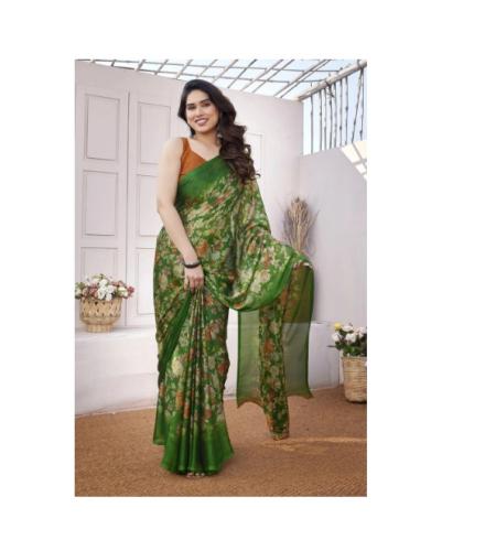 MIRCHI FASHION Floral Print Daily Wear Chiffon, Georgette Saree (Green, White, Orange)
