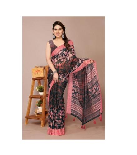 MIRCHI FASHION Printed, Floral Print Daily Wear Chiffon, Georgette Saree (Black, Pink)