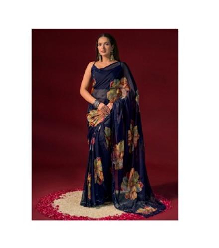 Samah Floral Print Bollywood Chiffon Saree (Black)